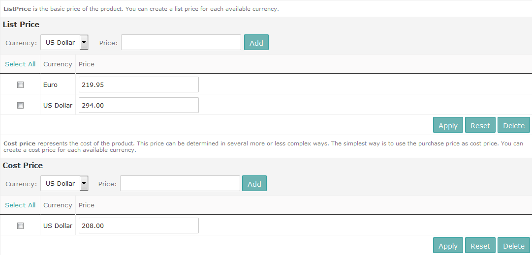 Product with list and cost price defined