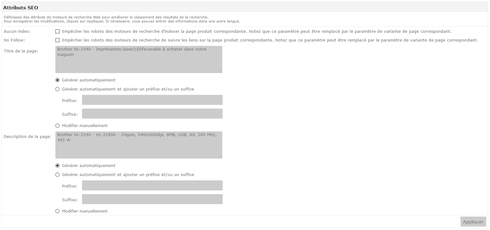 SEO attributes in the Commerce Management dialog