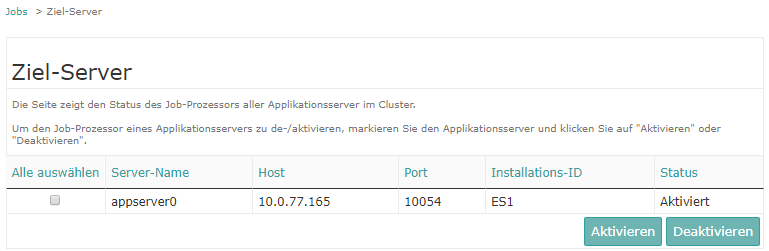 Übersichtsseite der Ziel-Server