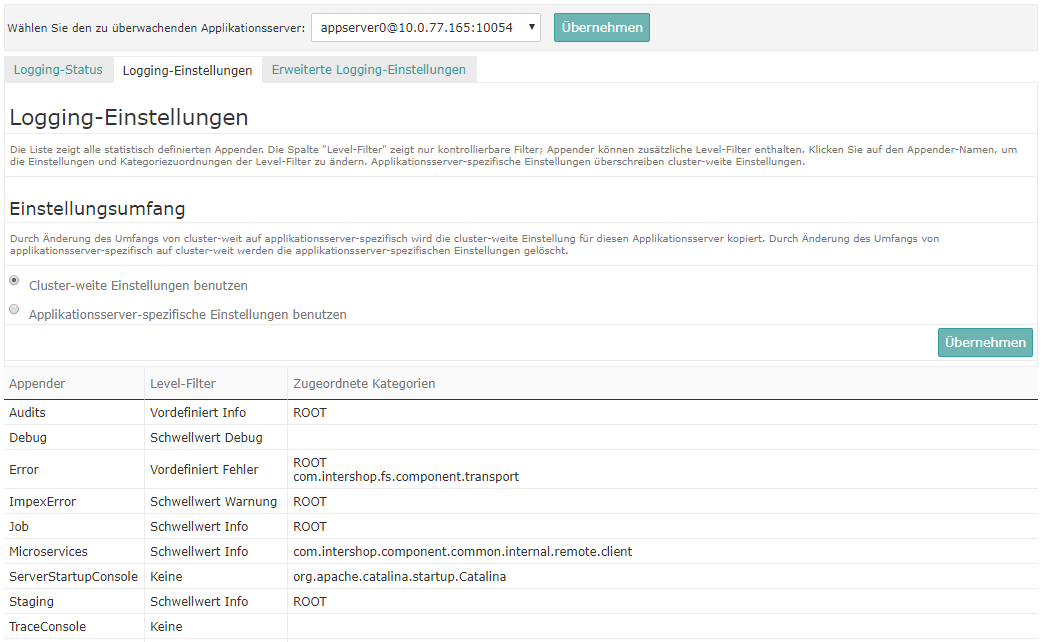 Logging-Einstellungen für den Applikationsserver