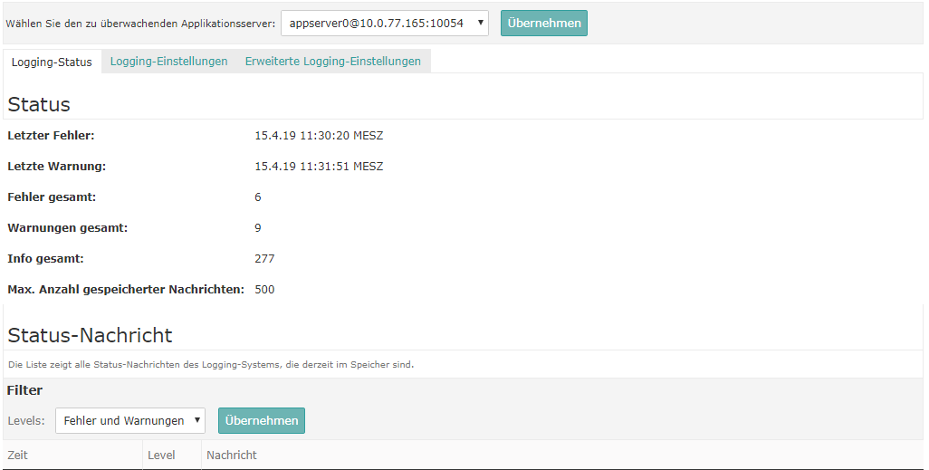 Logging-Status des Applikationsservers
