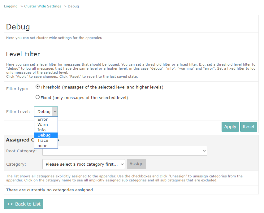 Selecting a level filter