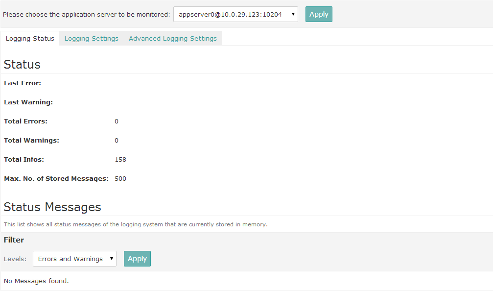 Application server logging status