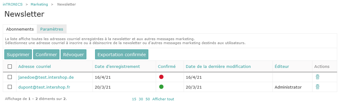 Exemple : Abonnements à la newsletter